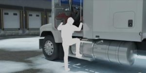 figure climbing into truck cab