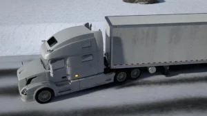 Computer animated image of a semi-truck driving on a snowy roadway.